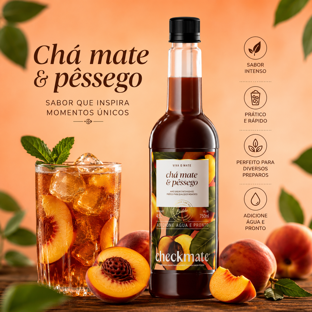 Xarope Chá Mate Pêssego Concentrado Garrafa 750ml