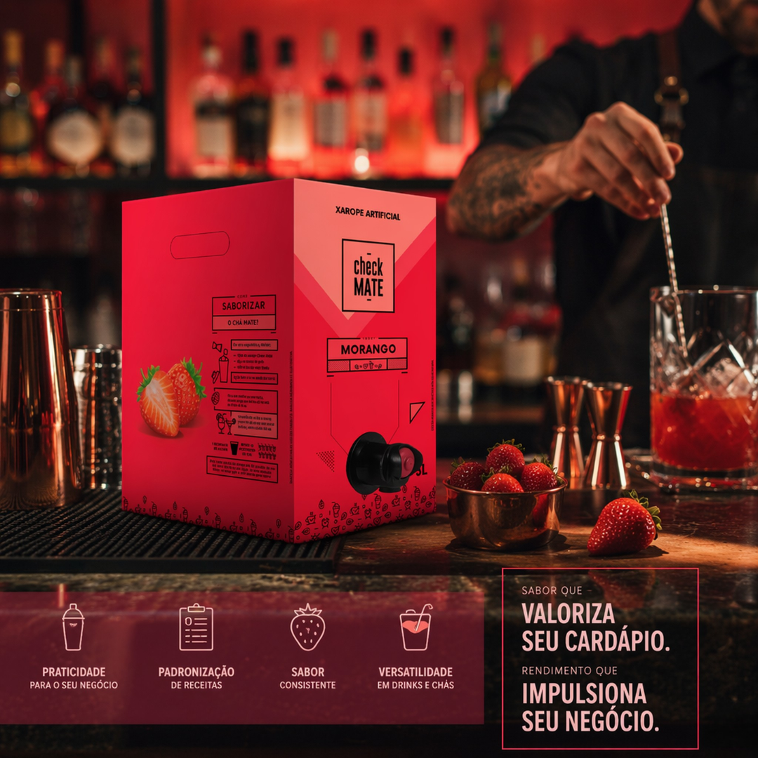 Check Mate Morango - Xarope para bebidas Baldo 3 LITROS - RENDE ATÉ 18 LITROS