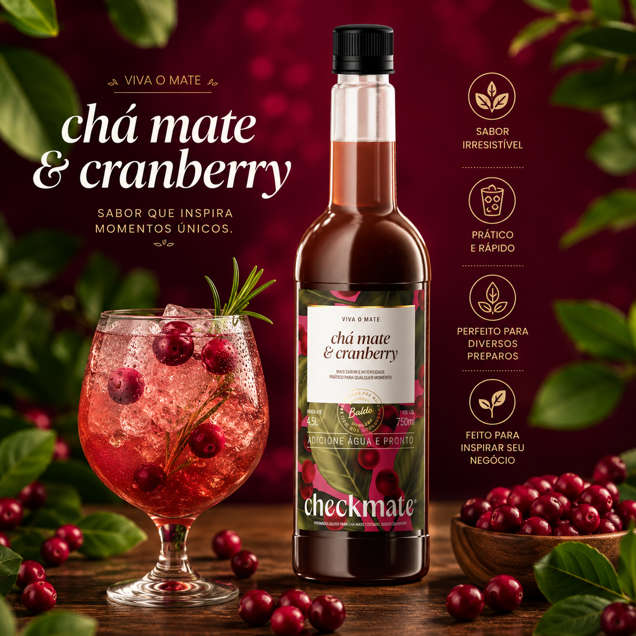 Xarope Chá Mate Cranberry Concentrado Garrafa 750ml